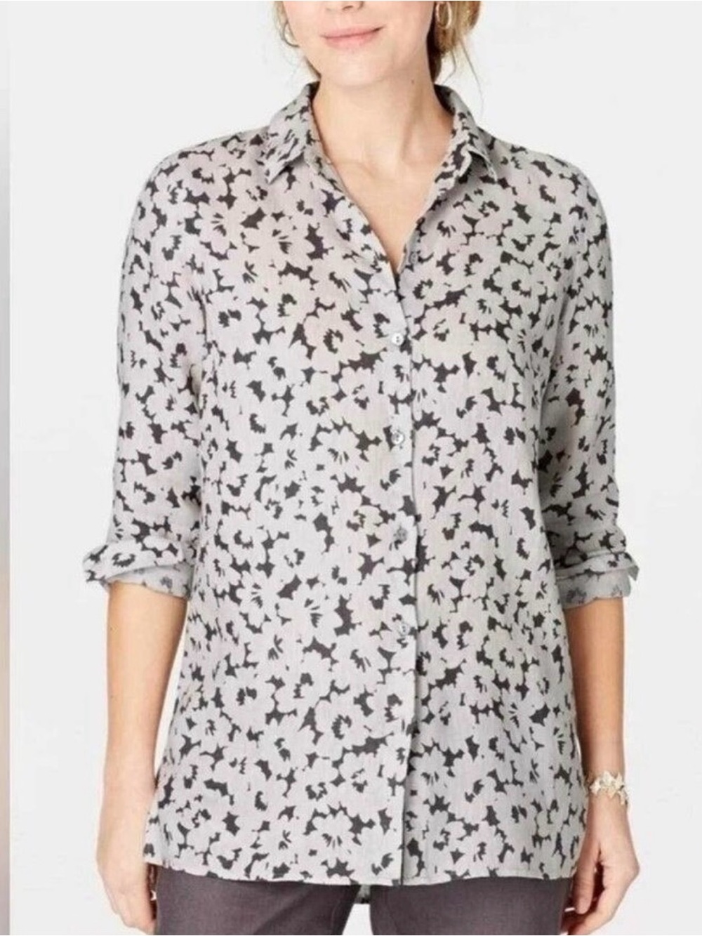 J. Jill Light Gray Button-Front 100% Linen Shirt with Black Abstract Print